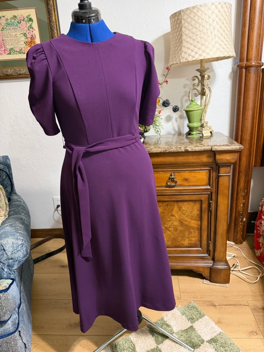 DKNY Purple Midi Dress with Tie Belt